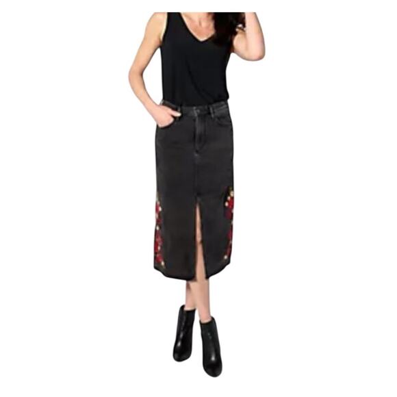 Driftwood Embroidered Piper black washed midi jean skirt with embroidery Size 16 - Picture 2 of 8